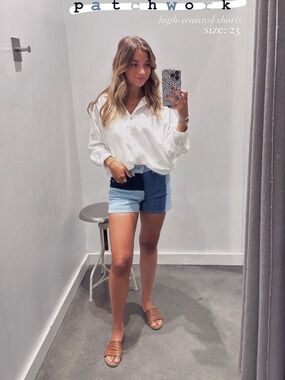 7 For All Mankind Patchwork High-Waisted Denim Shorts - Light & Dark Blue